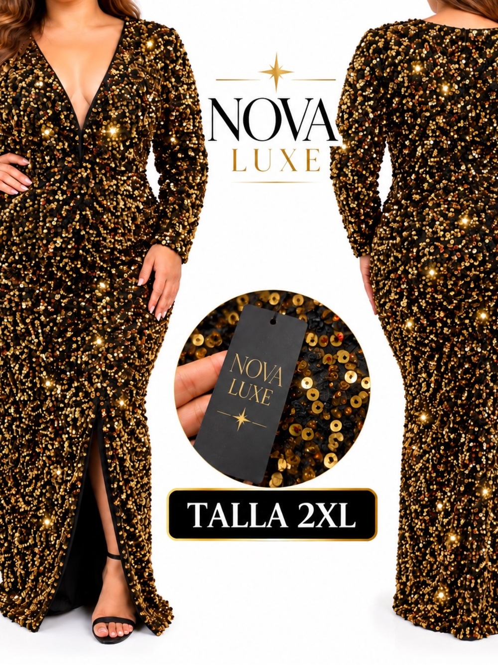 Fashion Nova Black & Gold Sequin Long-Sleeve Evening Gown size 2XL